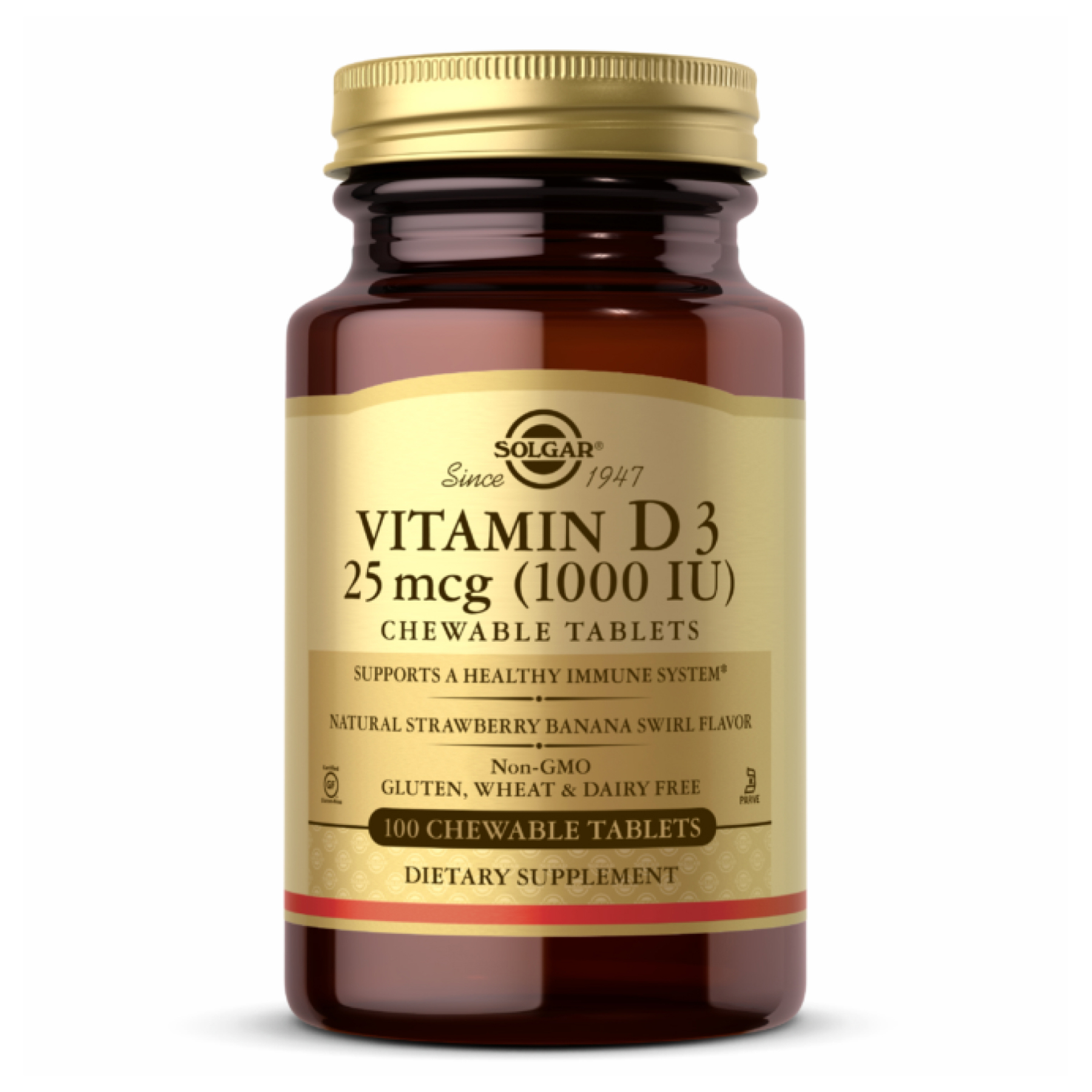 Витамин D3, Solgar Vitamin D3 Cholecalciferol, 1000 МЕ, 100 жевательных таблеток (Клубника, Банан)