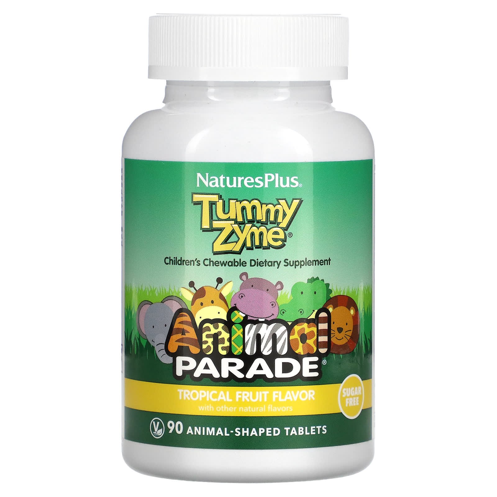 Ферменти з пробіотиками для дітей, Natures Plus Animal Parade Tummy Zyme with Active Enzymes Whole Foods and Probiotics, 90 жувальних таблеток (Тропічні фрукти)