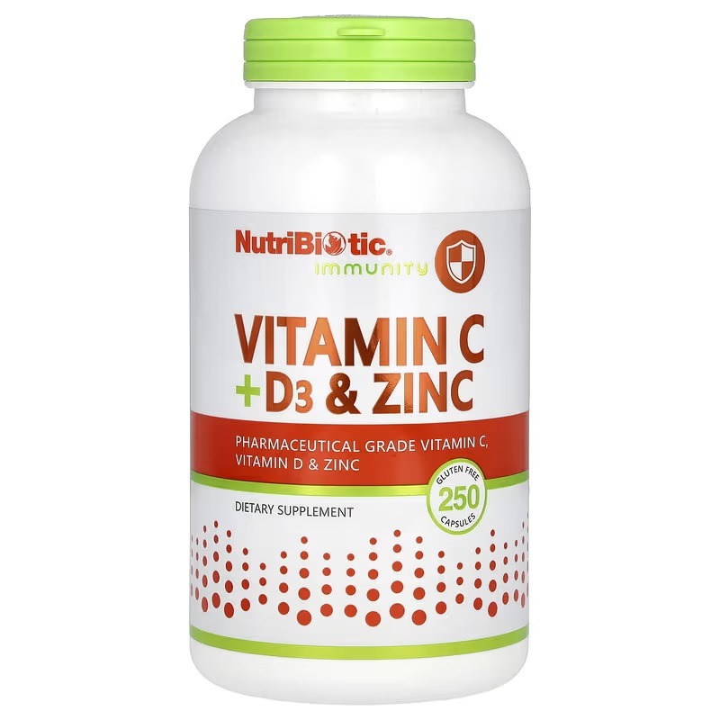 Вітамін C, D3 та цинк, Immunity, Vitamin C, D3 & Zinc, NutriBiotic, 250 капсул