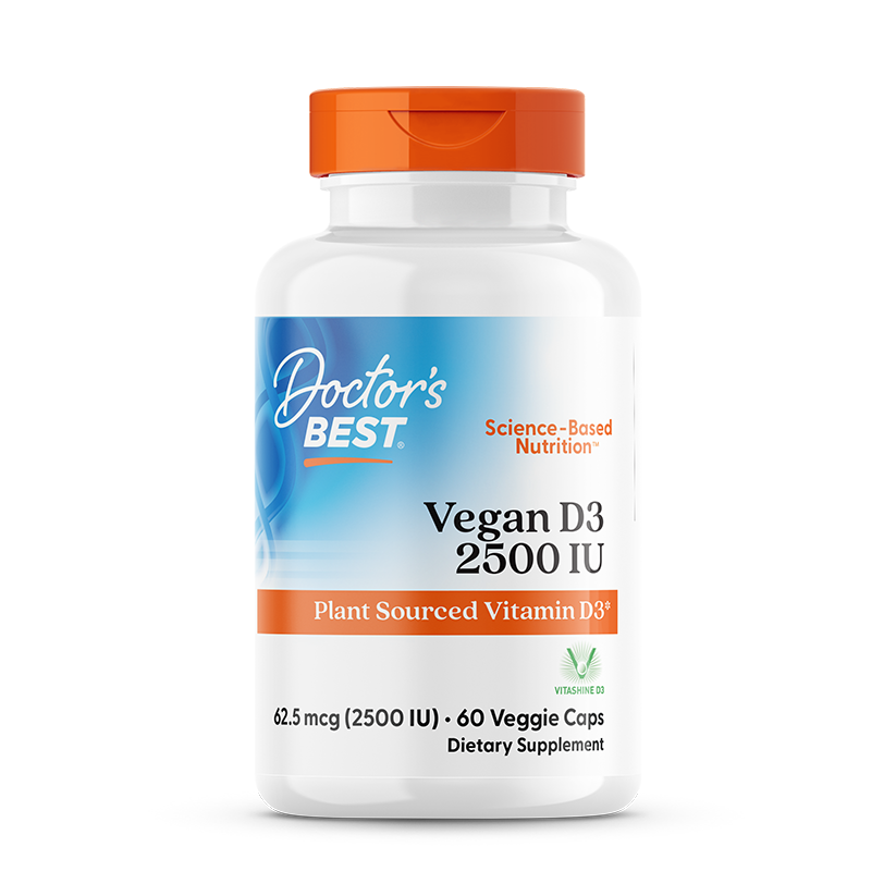 Вітамін D3, D3 with Vitashine D3, Doctor's Best, 62,5 мкг (2500 МО), 60 веганських капсул