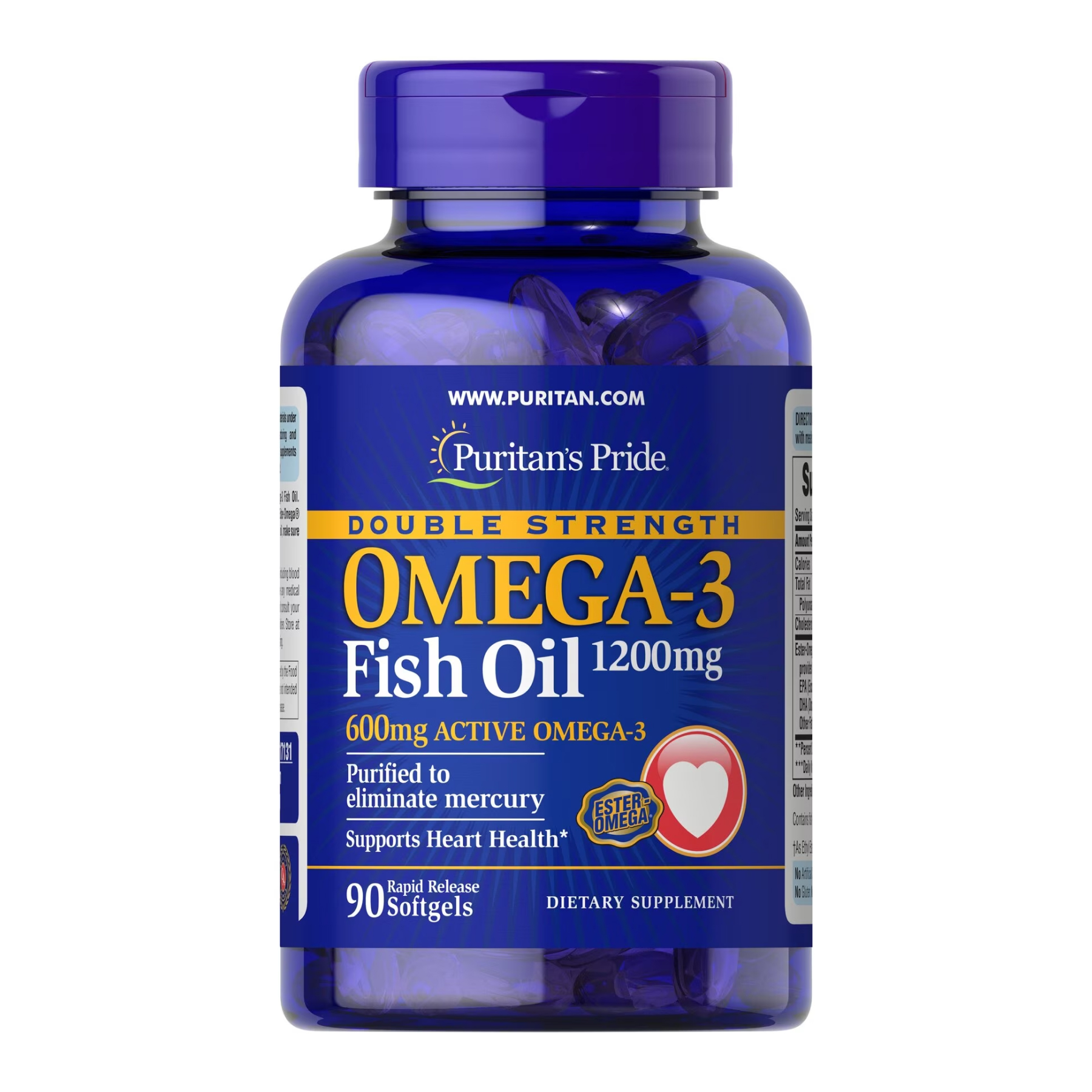 Омега-3 риб'ячий жир, Omega-3 Fish Oil, Puritan's Pride, подвійна сила, 1200/600 мг, 90 капсул