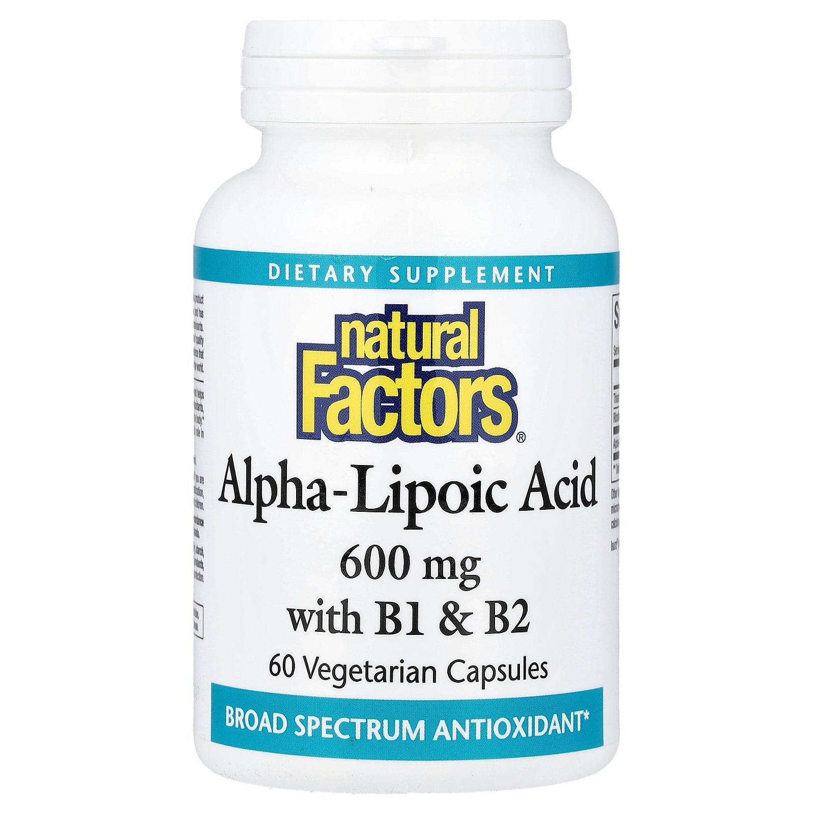 Альфа-ліпоєва кислота з вітамінами B1 та B2, Natural Factors Alpha-Lipoic Acid with B1 & B2, 600 мг, 60 вегетаріанських капсул