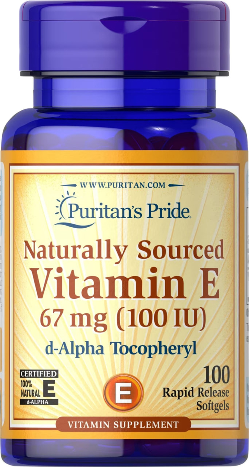 Вітамін Е, Puritan's Pride Natural Vitamin E, 100 МО, 100 м'яких капсул