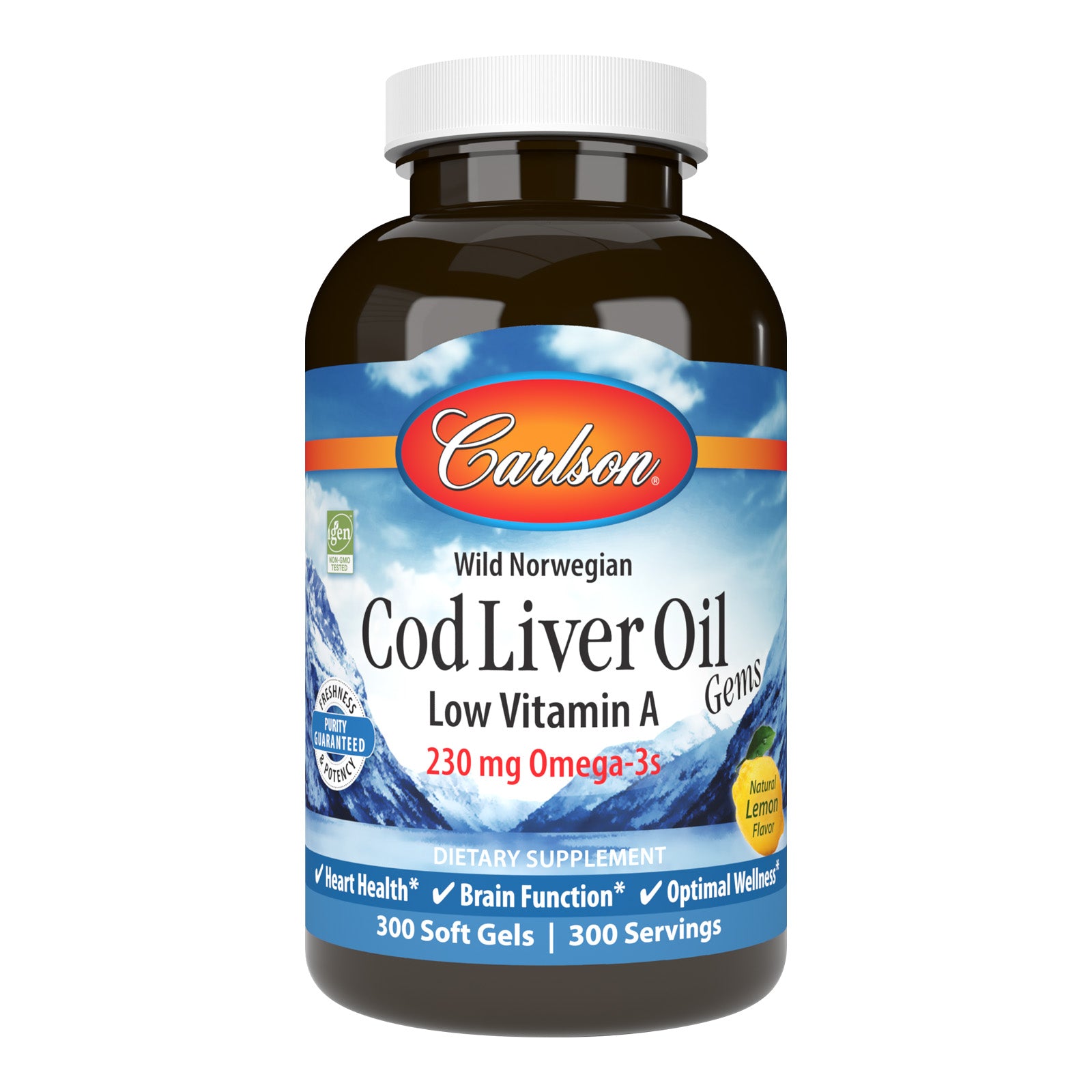 Риб'ячий жир з печінки тріски, Carlson Labs Cod Liver Oil Gems, 230 мг, 300 м'яких капсул (лимон)
