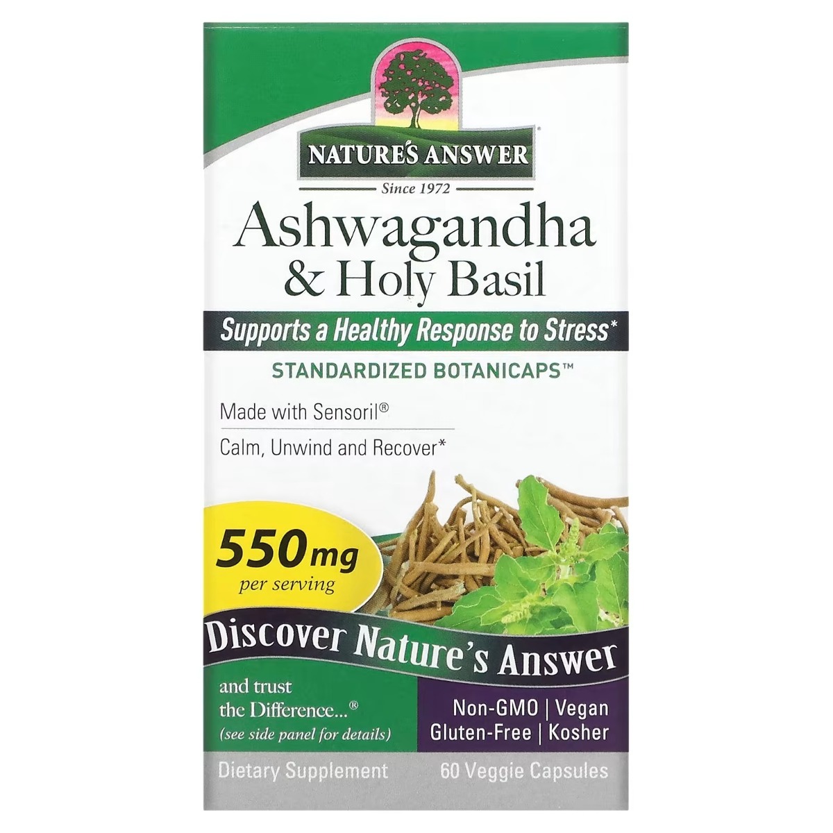 Ашваганда та базилік священний, Nature's Answer Ashwagandha & Holy Basil, 550 мг, 60 вегетаріанських капсул
