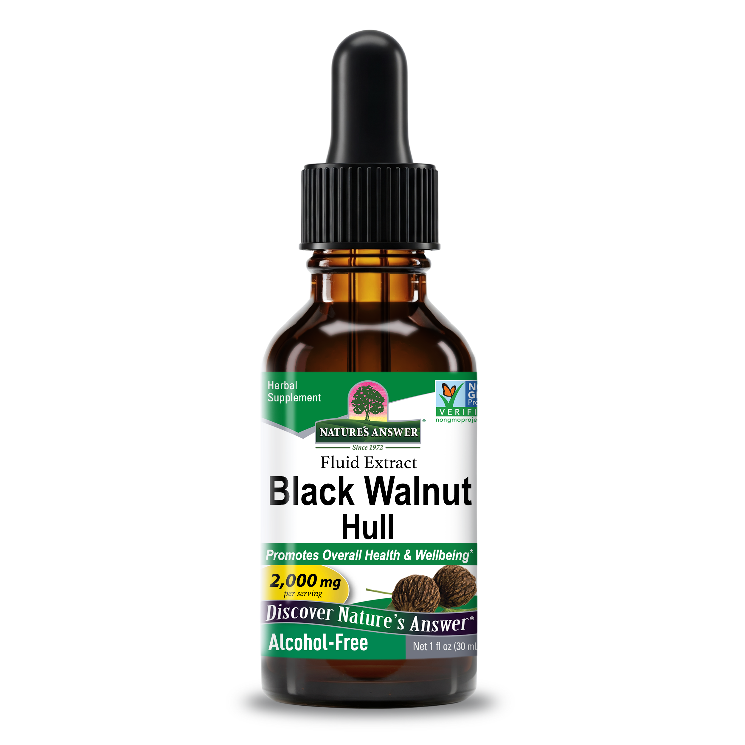 Чорний горіх, Nature's Answer Black Walnut Hull, Fluid Extract, Alcohol-Free, 2000 мг, 30 мл