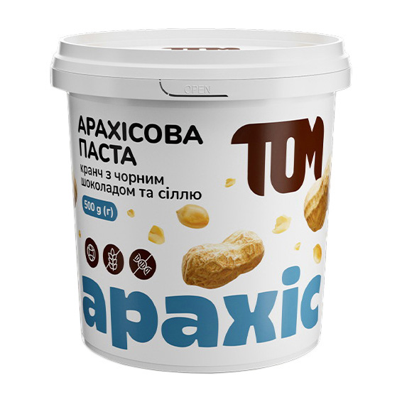 Арахісова паста кранч, TOM peanut butter peanut butter, 500 г (Чорний шоколад, Сіль)