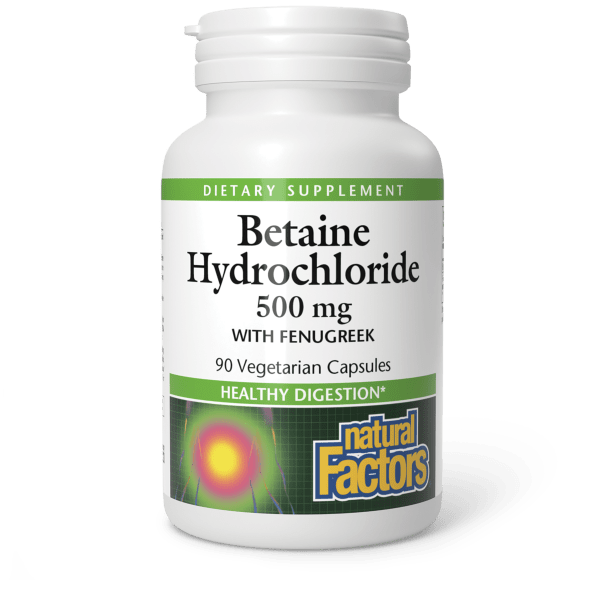 Бетаїн гідрохлорид та пажитник, Natural Factors Betaine Hydrochloride with Fenugreek, 500 мг, 90 вегетаріанських капсул