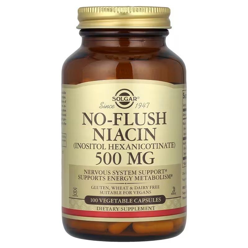 Ніацин, No-Flush Niacin, Solgar, не викликає почервоніння, 500 мг, 100 капсул