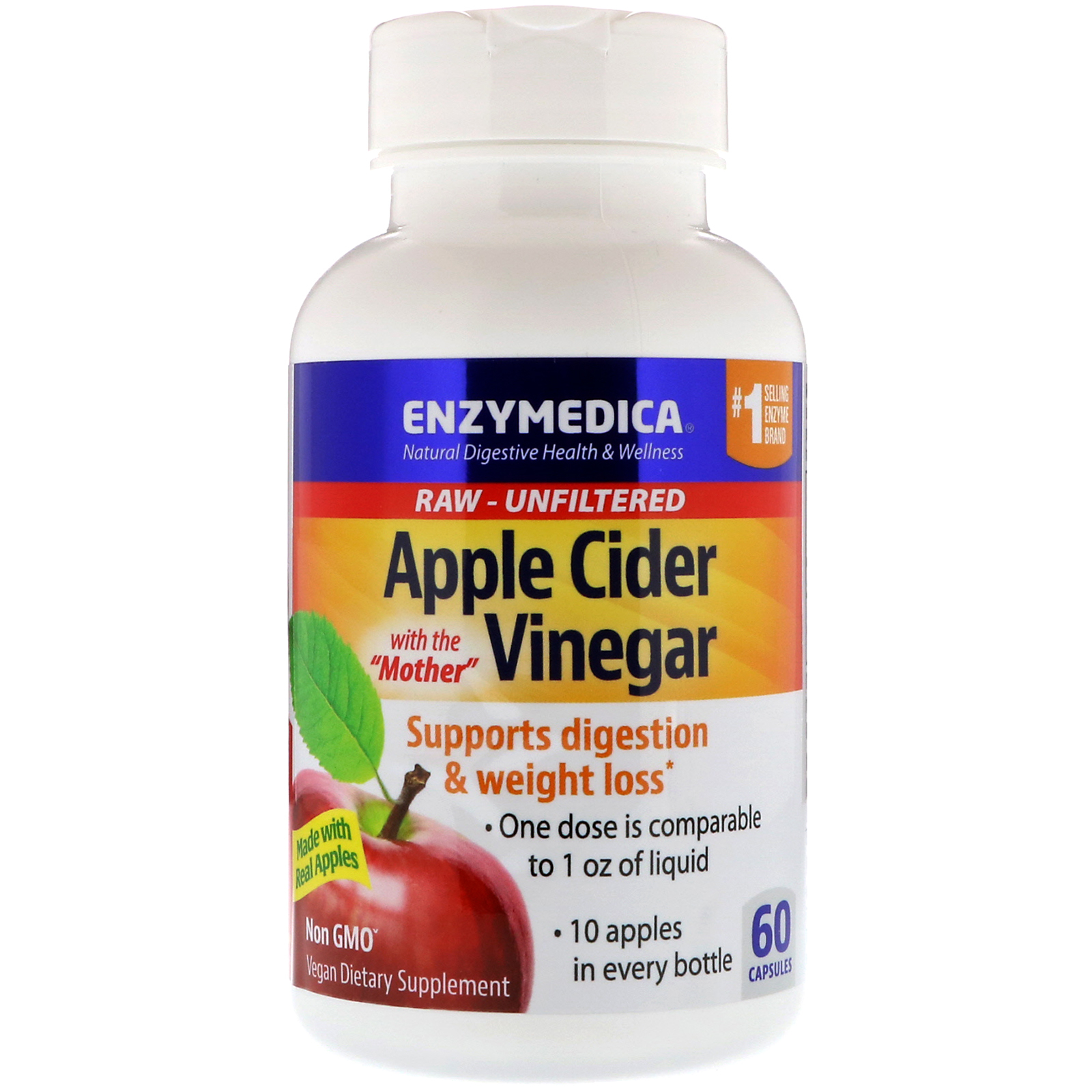 Яблучний оцет із матричною кислотою, Enzymedica Apple Cider Vinegar with the Mother, 355 мг, 60 вегетаріанських капсул