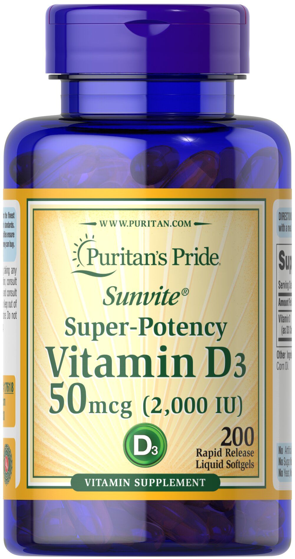 Вітамін D3, Puritan's Pride Vitamin D3, 2000 МО, 200 капсул