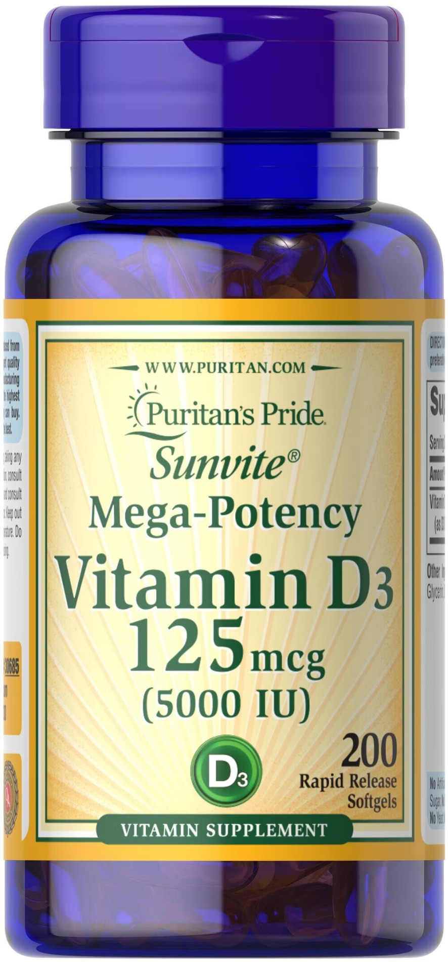 Вітамін D3, Vitamin D3, Puritan's Pride, 125 мкг (5000 МО), 200 капсул