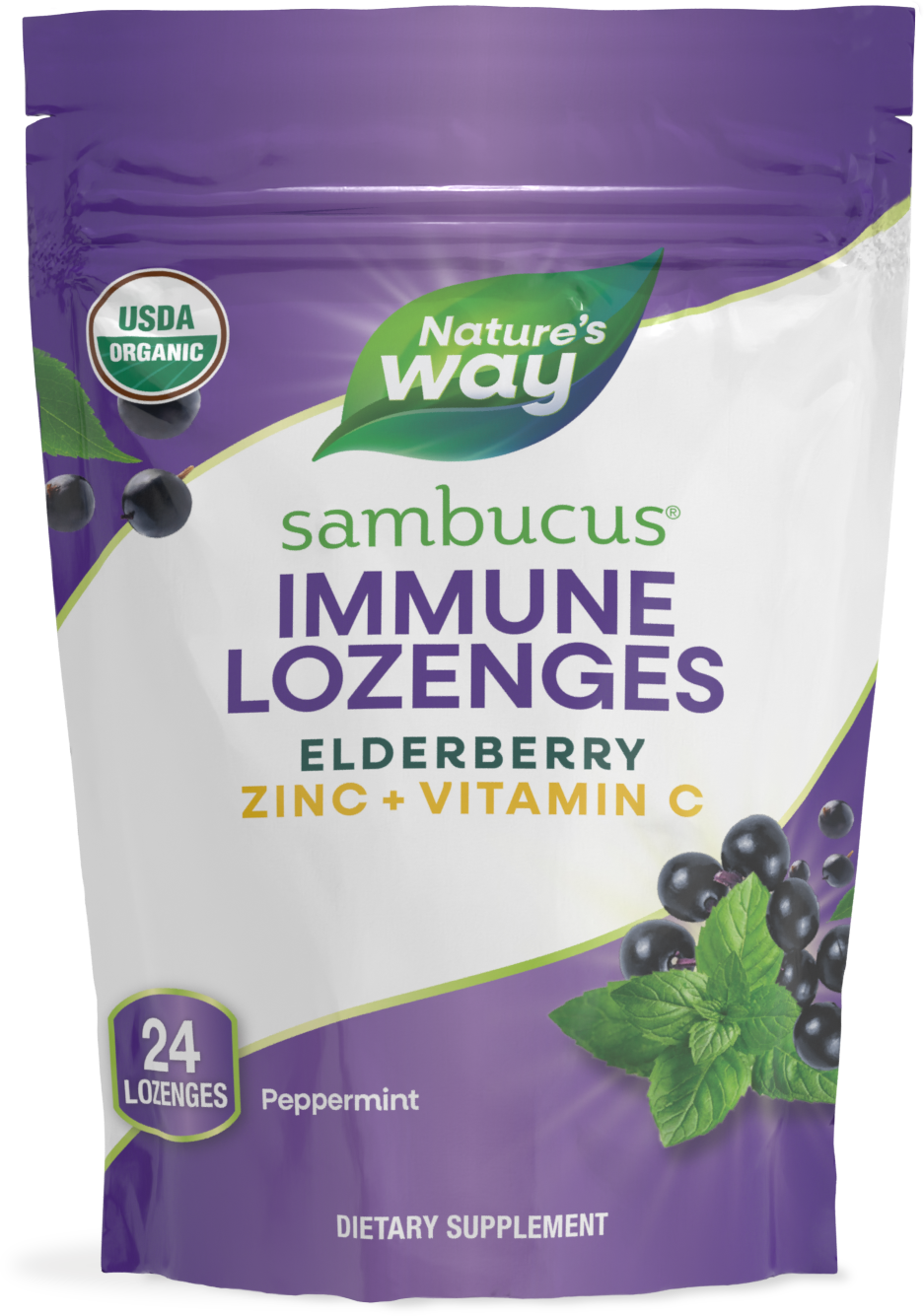 Льодяники для імунітету з бузиною, цинком та вітаміном С, Nature's Way Sambucus Immune Lozenges, 24 пастилки (Перцева м'ята)