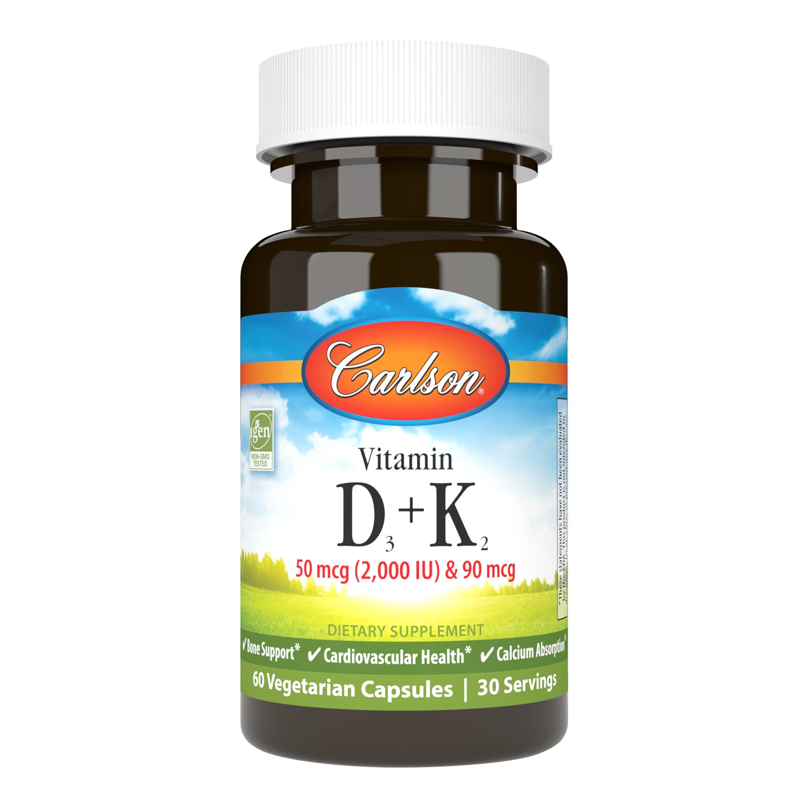 Вітамін D3 та K2, Carlson Labs Vitamin D3 + K2, 2000 МО, 60 вегетаріанських капсул