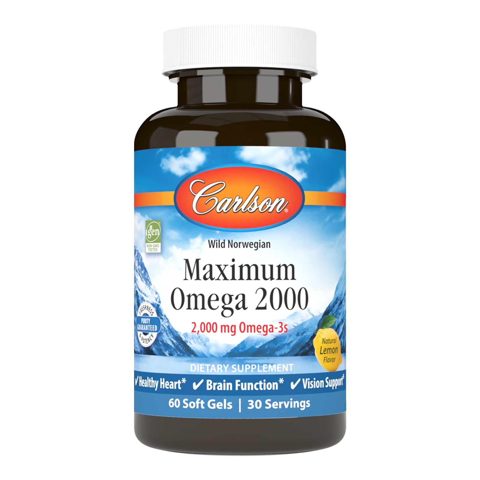 Омега-3, Carlson Labs Maximum Omega 2000, 2000 мг, 60 м'яких капсул (Лимон)