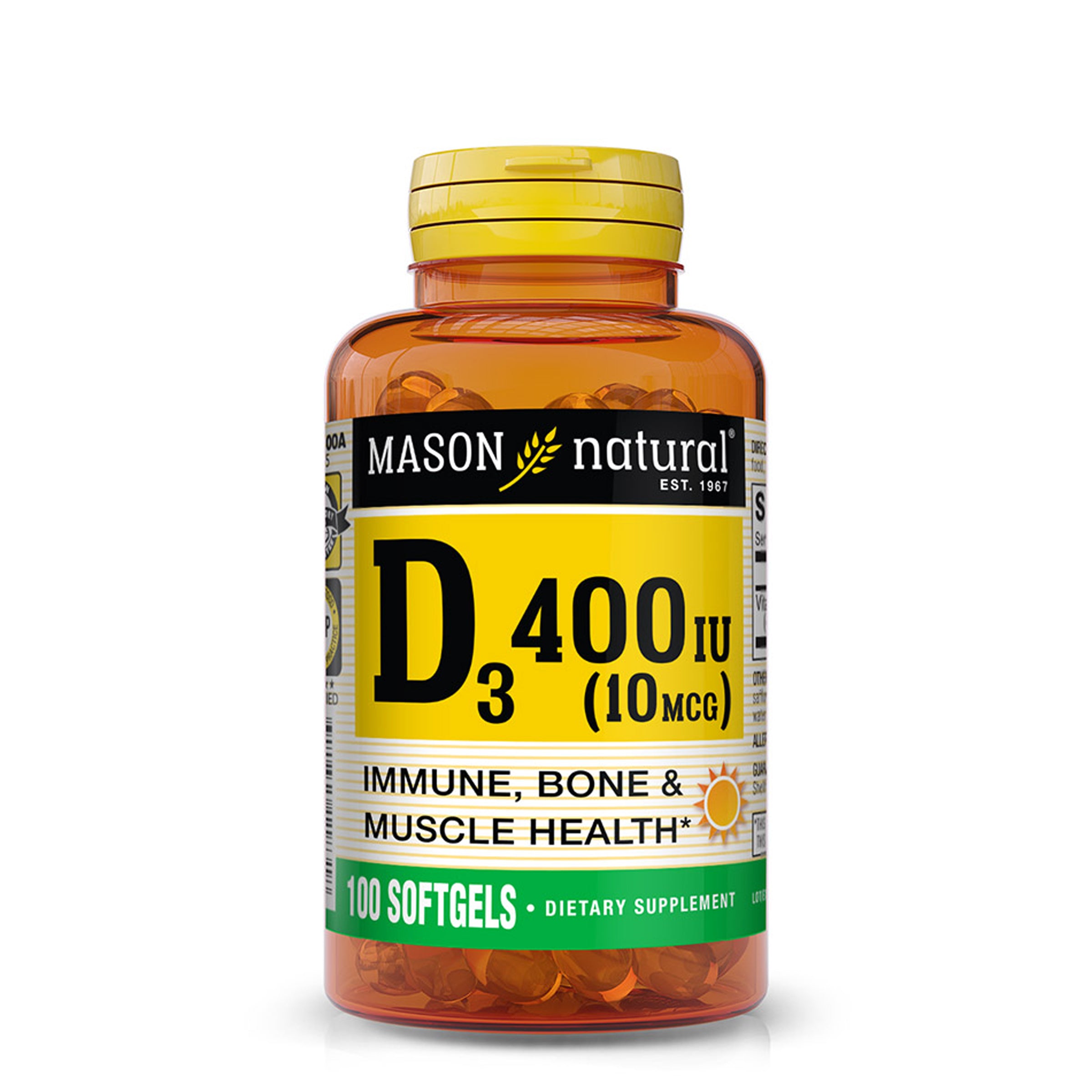 Вітамін D3, Mason Natural Vitamin D3, 400 МО, 100 м'яких капсул