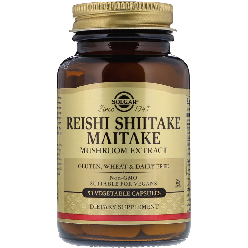 Екстракт грибів рейші, шиїтаке та майтаке, Solgar Reishi Shiitake Maitake Mushroom Extract, 100/100/100 мг, 50 вегетаріанських капсул